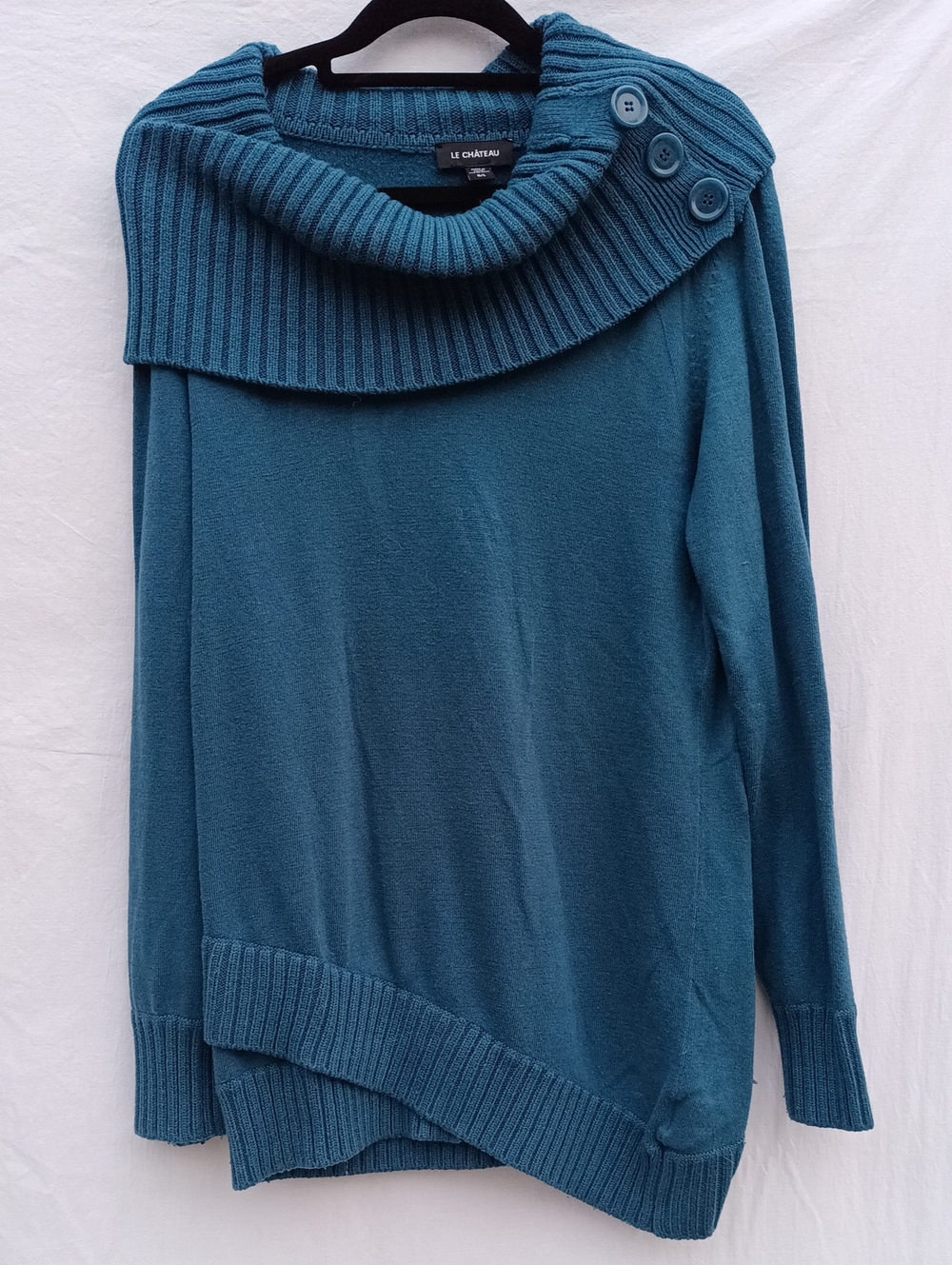 le chateau Teal Ribbed Cowl Neck Sweater with Button Detail And Silver Graphic